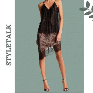 Stylestalker Slip Dress Asymmetrical Black Lace Overlay V Neck Lined Size Small